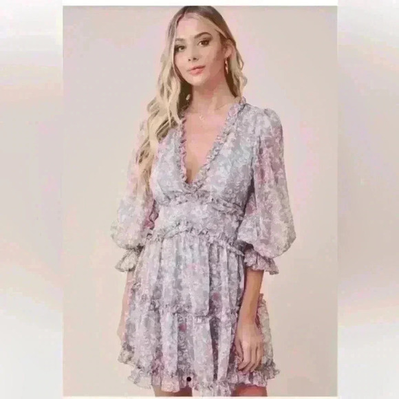 Saints & Secrets GREY ORANGE MULTI-COLOR FLORAL PRINT V-NECK RUFFLE DRES… - Picture 1 of 9